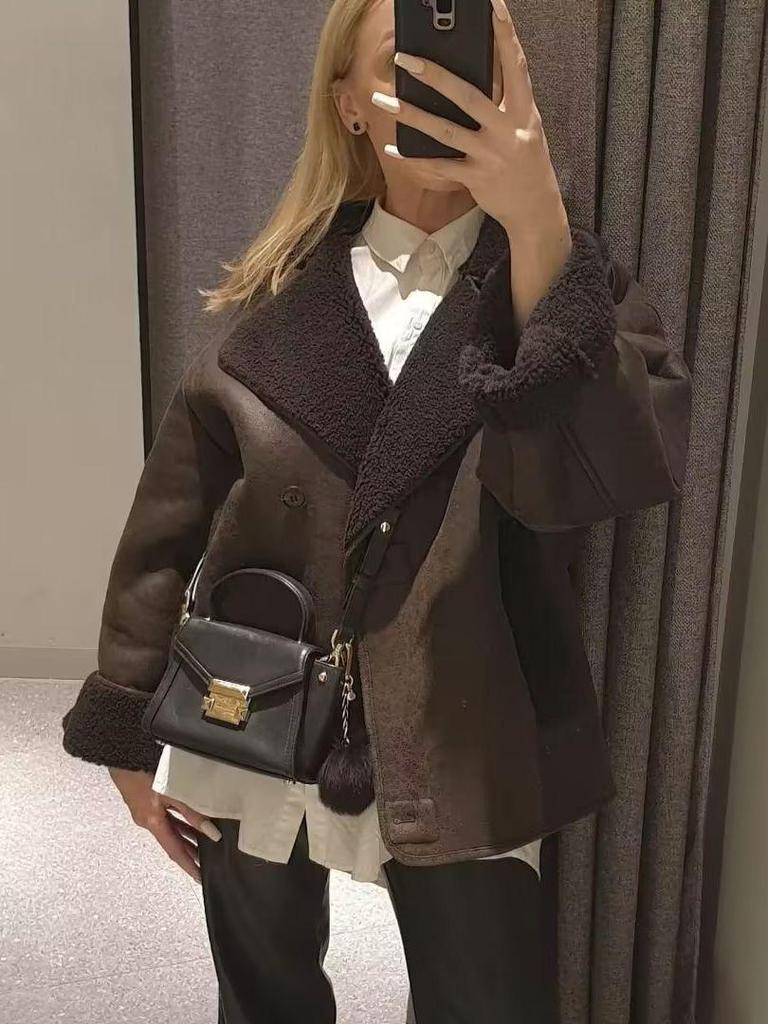 2023 Plus Size Shearling Lapel Jacket for Women - European & American Style Autumn/Winter Fashion