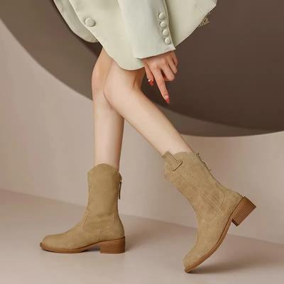 Women Pointed Toe Suede Chelsea Autumn Winter 2024 New Wedge Heel Western Cowboy Boots Slip-On Ankle Wholesale Zapatos De Mujer