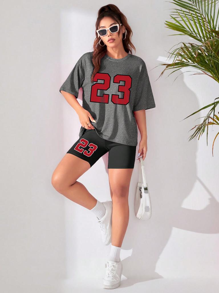 Women's Summer Set Number 23 Print Casual Shorts Set Sports Women's Shirt Shorts 2 Piece Street Wear Set Womens Summer Clothes