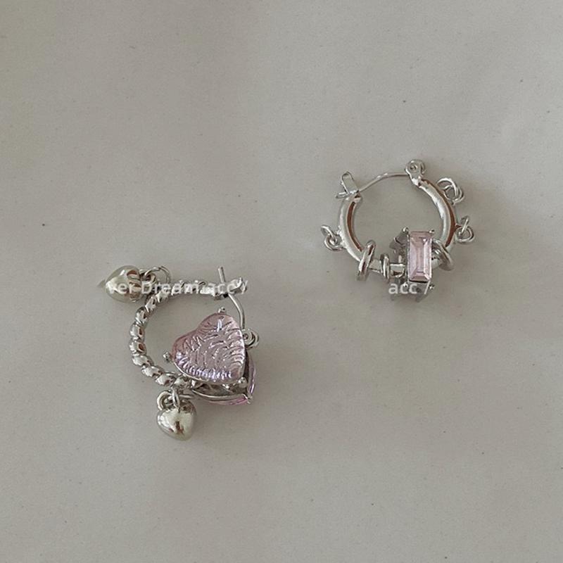 Y2K Pink Crystal Heart-Shaped Ear Buckle for Women Rectangular Asymmetrical Metal Circle Pendant Women's Banquet Elegent Earring