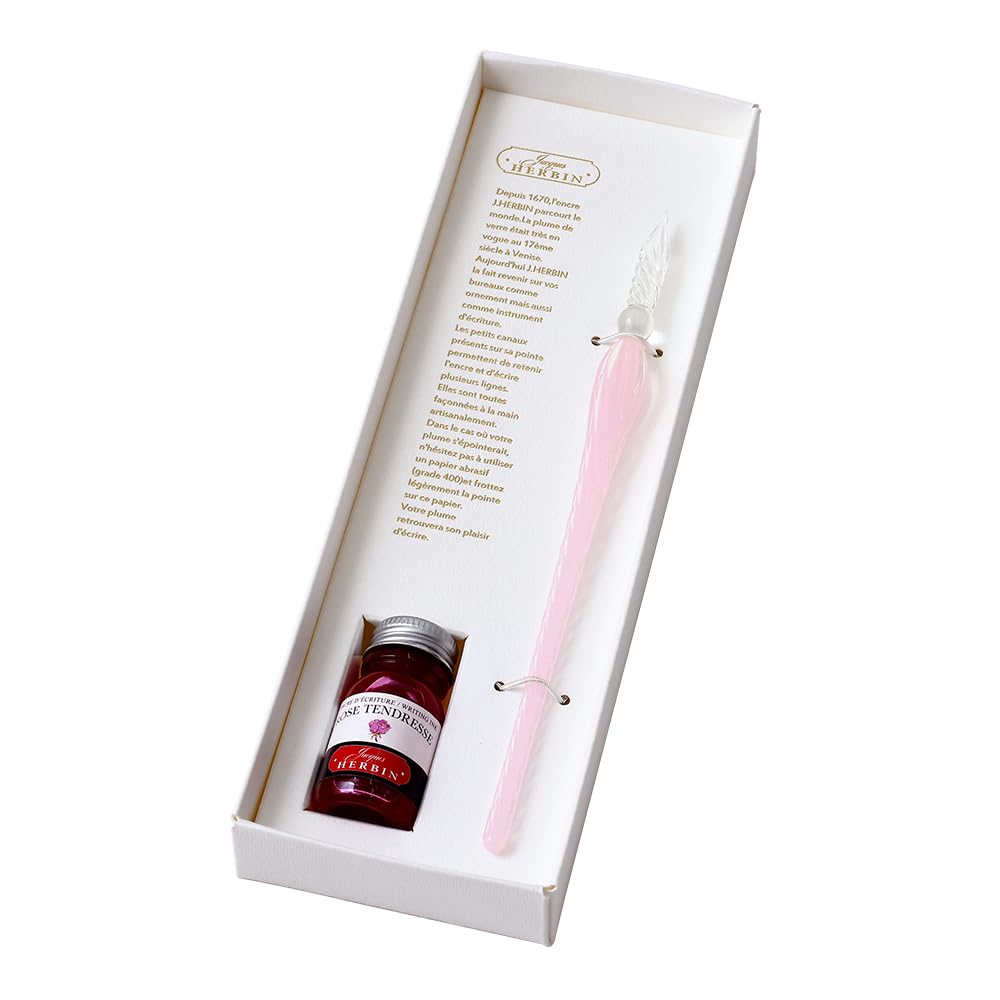 

a traditional French brand founded in offers a handcrafted glass pen in a light pink bonbon and a mini ink set in Tender Rose Herbin, 1670, (10ml)
