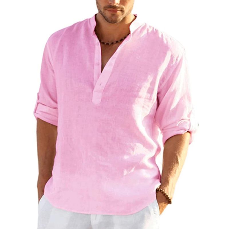 T-shirt di Lino da Uomo Top Largo Tinta Unita Maniche Lunghe Camicia di Cotone Lino
