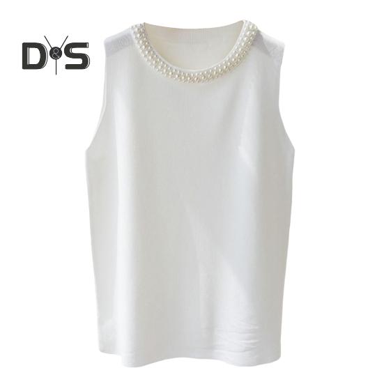 Damska kamizelka dziewiarska z okrągłym dekoltem, bez rękawów, sztuczne perły, ozdobne topy, dopasowany krój, jednolity kolor, rozciągliwe topy