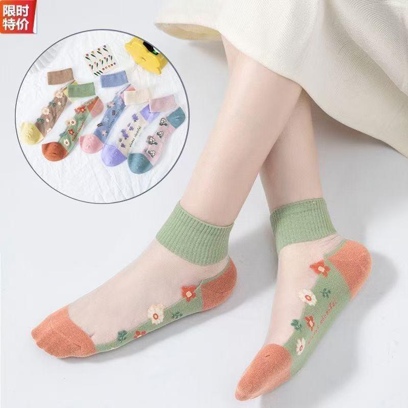 5 Pairs of Summer Thin Crystal Silk Socks Children Invisible Sweat-absorbing Breathable Boat Socks Glass Silk Cotton Bottom Short Socks