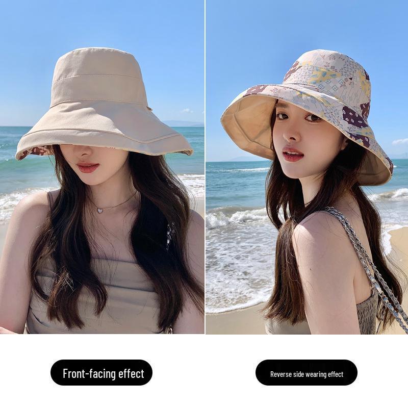 Women's Double-sided Sun Protection Bucket Hat - Summer Pure Cotton Anti-UV Wide Brim, Foldable for Travel.