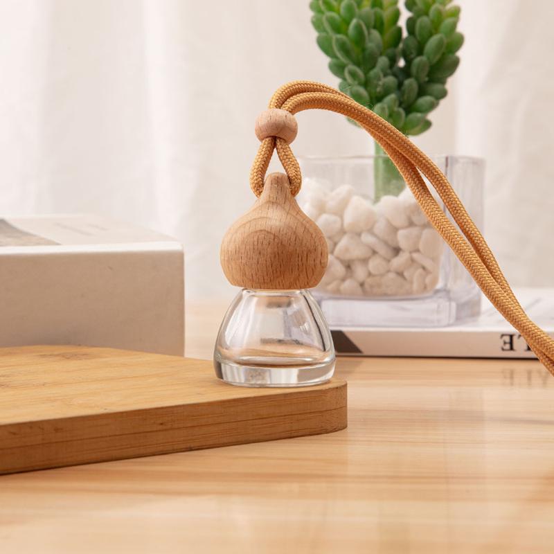 8ML Perfume Glass Bottle With Wooden Caps Refillable Car Essential Oil Diffuser Bottle Empty Car Air Freshener Pendant