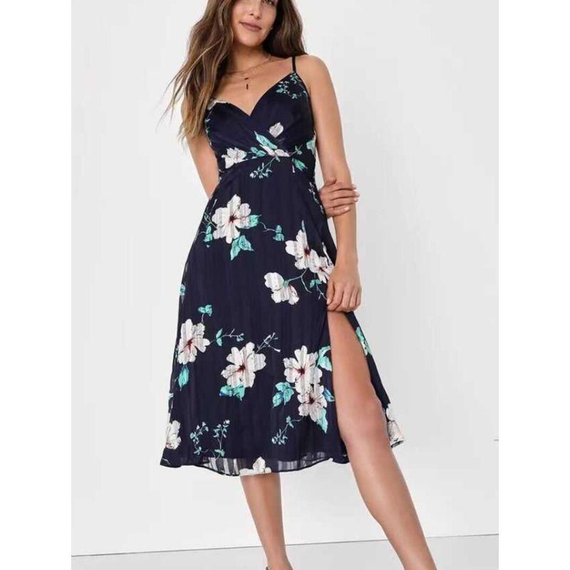 Export Single Lu's Summer Sling Exquisite Print Dark Pattern French Style Temperament Elegance Short Split Special Dress