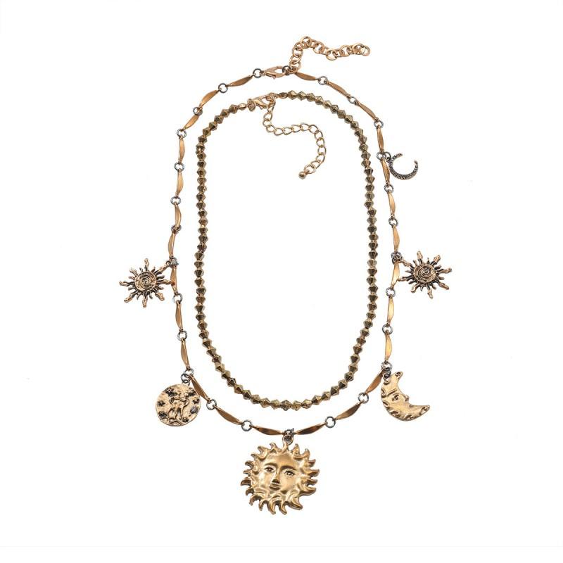 Layered Geometric Pendant Necklace With Sun Moon Star Motifs Women - Gold Alloy Fashion Jewelry Gold