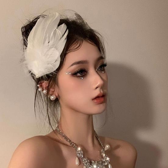 1 Paio Forcine per Capelli da Sposa Matrimonio Piuma Morbida Perla Sintetica Antiscivolo di Alta Gamma Leggere Incolore Festa Cocktail Banchetto Decorazione Testa Copricapo