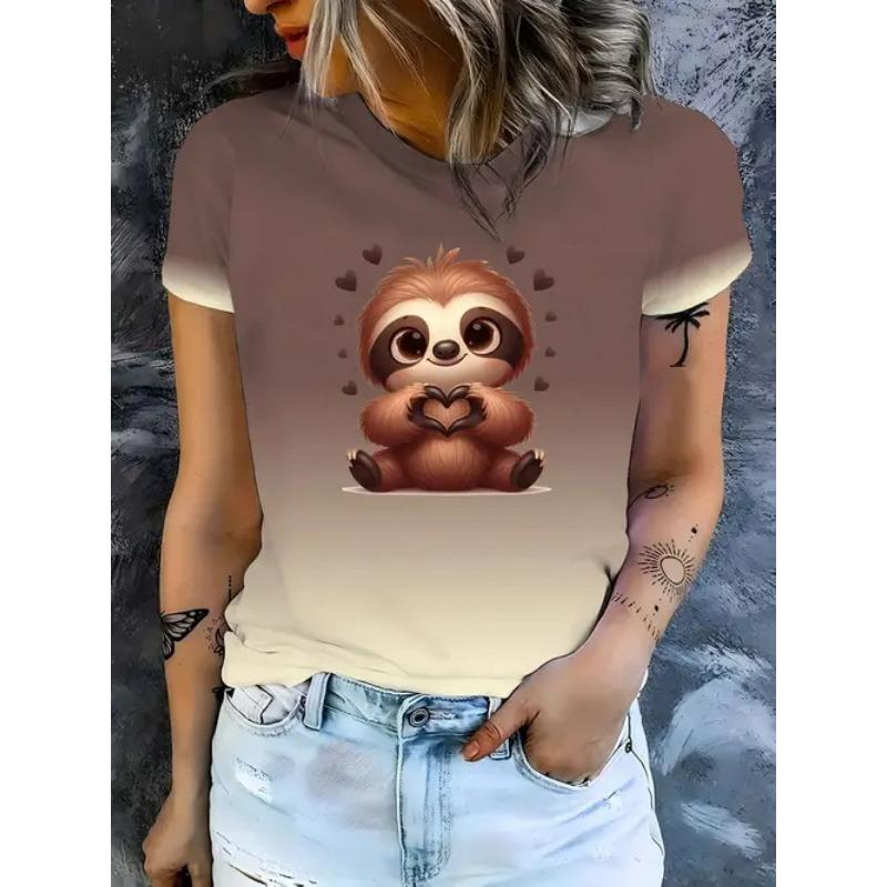 Sommer Rund Hals 3D Dyreprint Topp Moteable Casual Kortarmet Dame T-skjorter