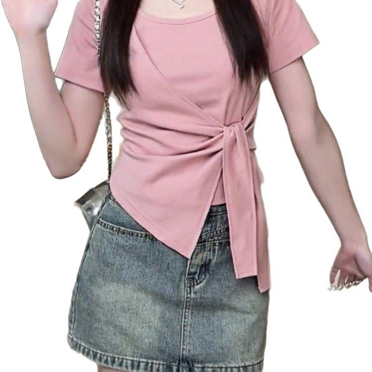 Design Sense Split Strap Waist Short Sleeve T-Shirt Women's Summer New Fashion Foreign Style Slim Skinny Top