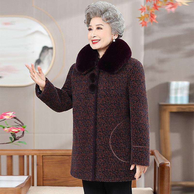 Elderly Women's Mid-Length Winter Coats: Cotton Padded, Fleece-Lined Outerwear