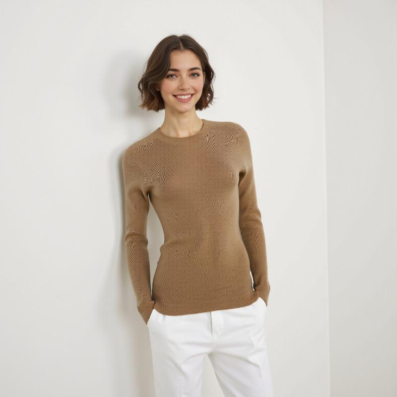 Worsted Seamless Integration 0 Wool Machine Washable Crew Neck Pullover Knitted Sweater Women's Slim Long Sleeve Bottom Shirt