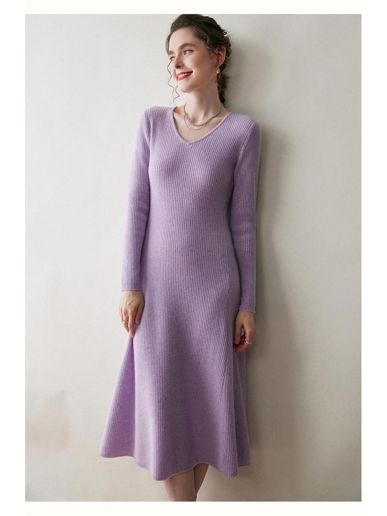 Women's Cashmere V-neck Ribbed A-line Sweater Dress - 2025 Autumn/Winter