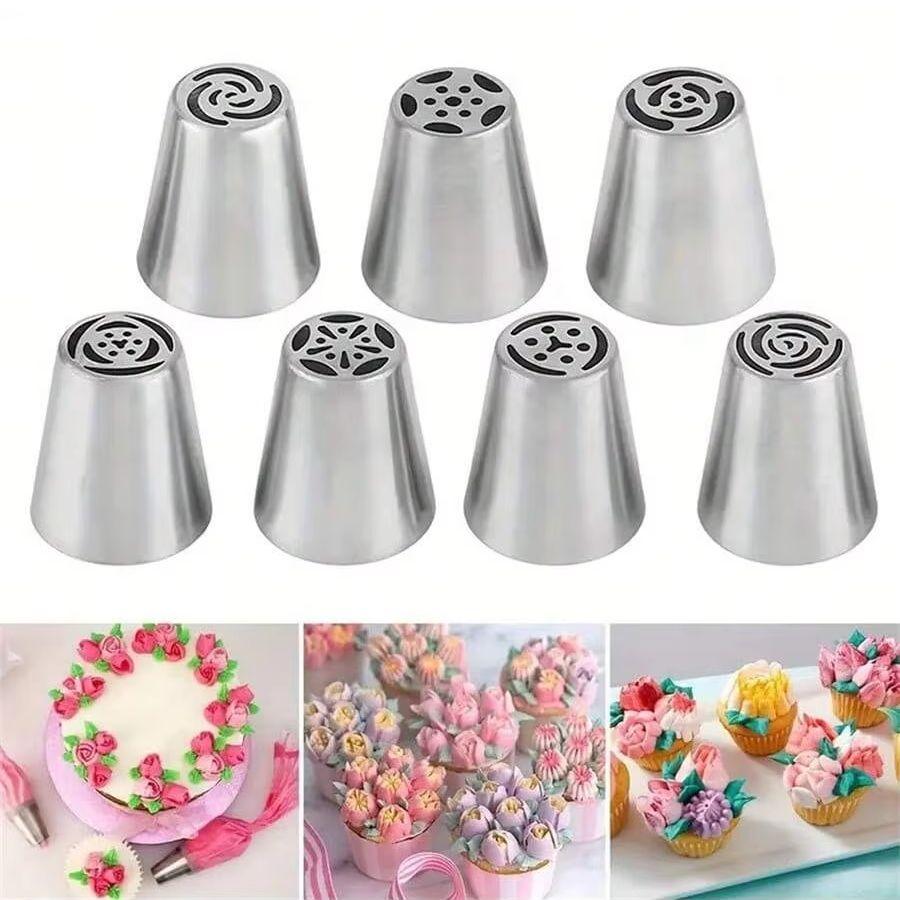 7-piece cake piping tip set, stainless steel cupcake flower-shaped frosting nozzles kit, kitchen utensils, cake decorating set,