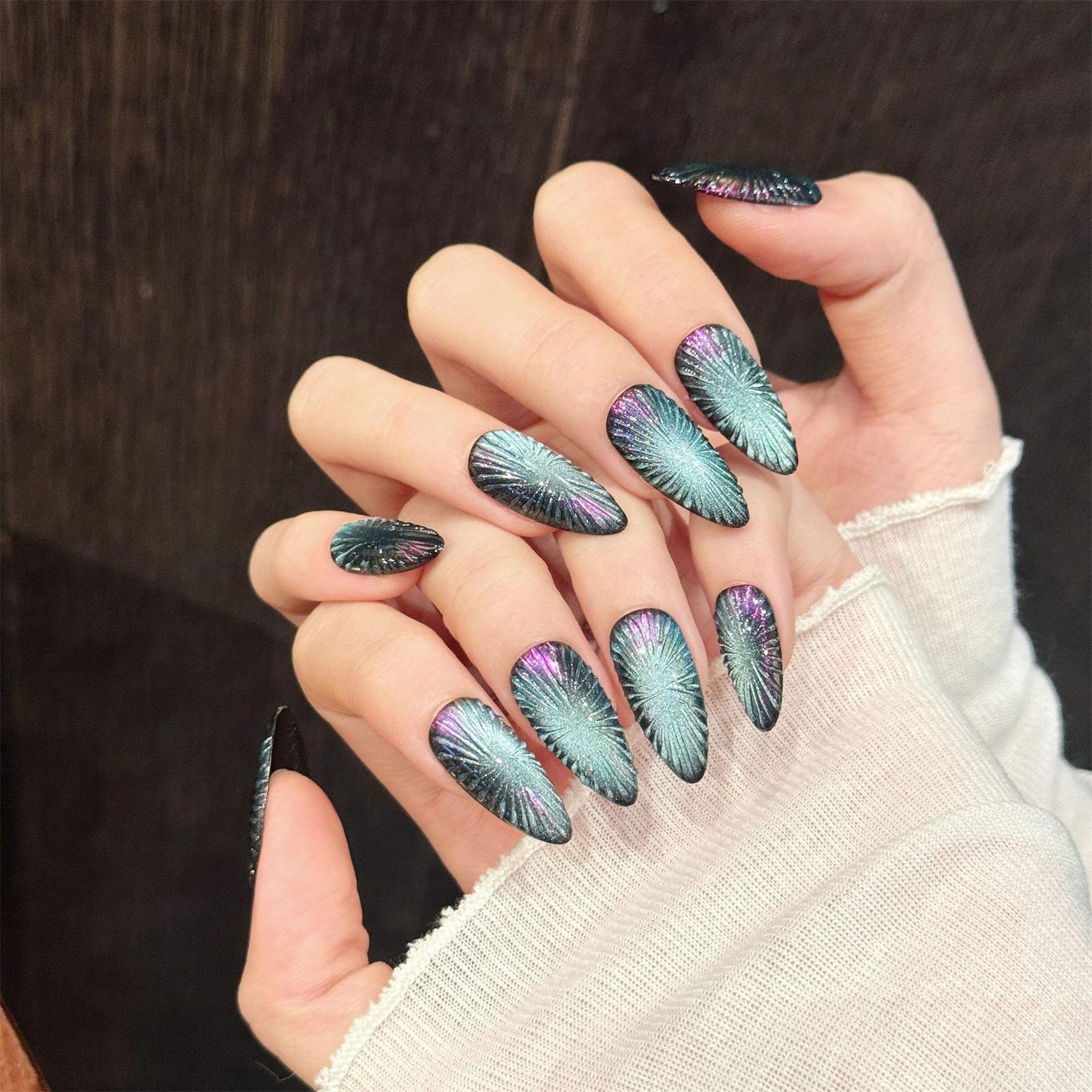 10PCS Almond Fake Nails with Shining Cat Eye Chinese Style Handmade Fake Nails for Women Party Wedding Daily Wear 3238 Beige Almond_XS синий