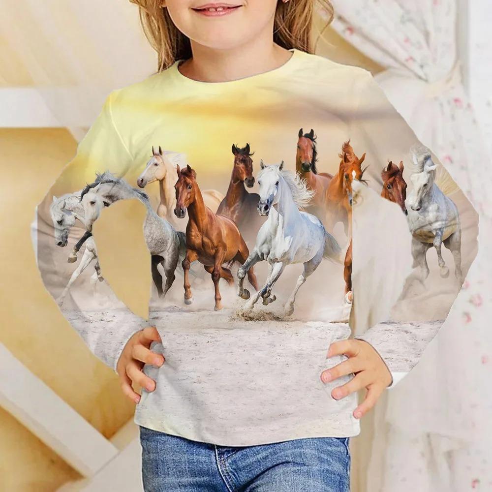 Animal Horse Children's 3D Digital Printing Girl Fashion Trend Round Neck Long Sleeved T-shirt