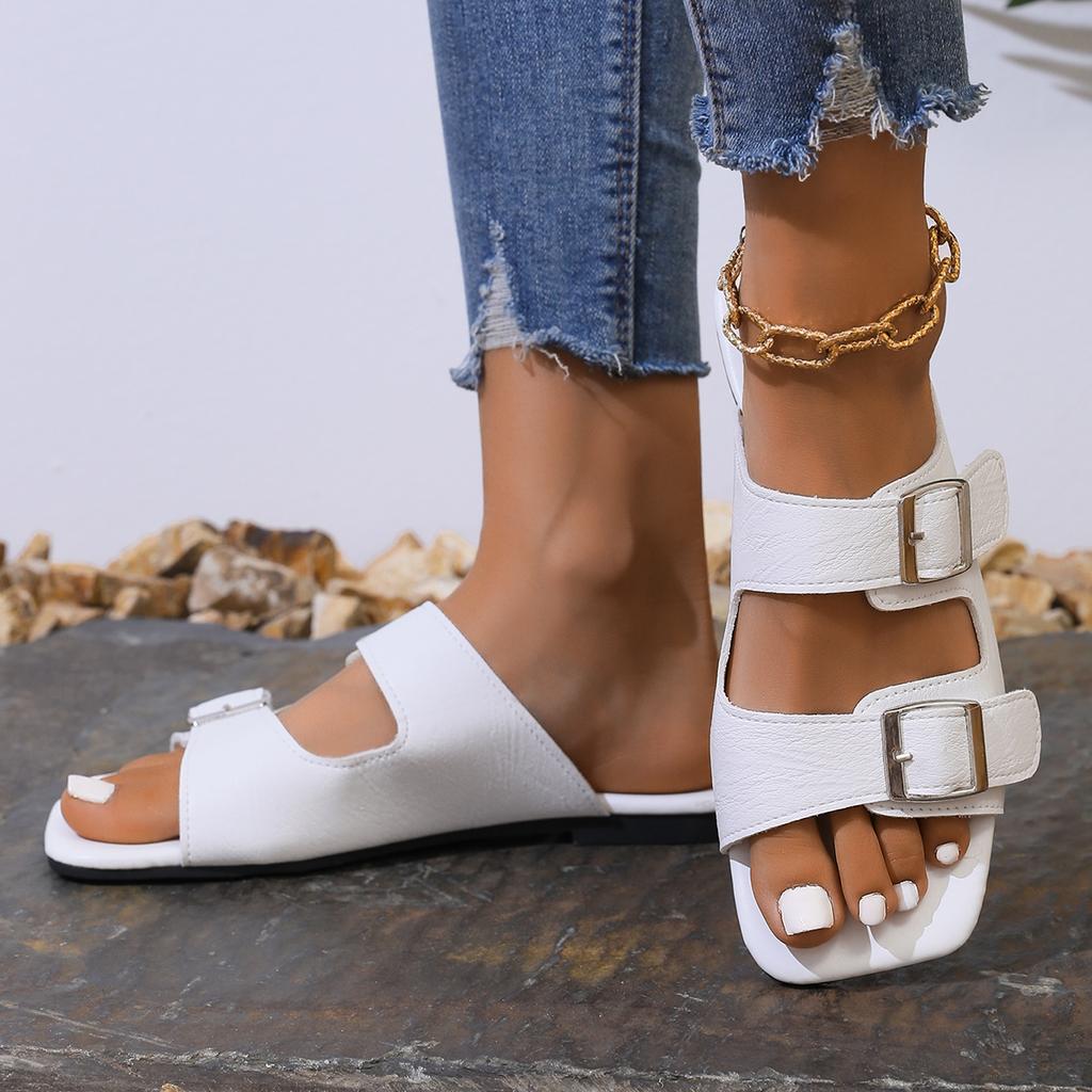 Pantoufles plates à bout carré pour femmes, mules à bout ouvert, élégantes et antidérapantes, parfaites pour le bureau et les activités de plein air. Décoration métallique.