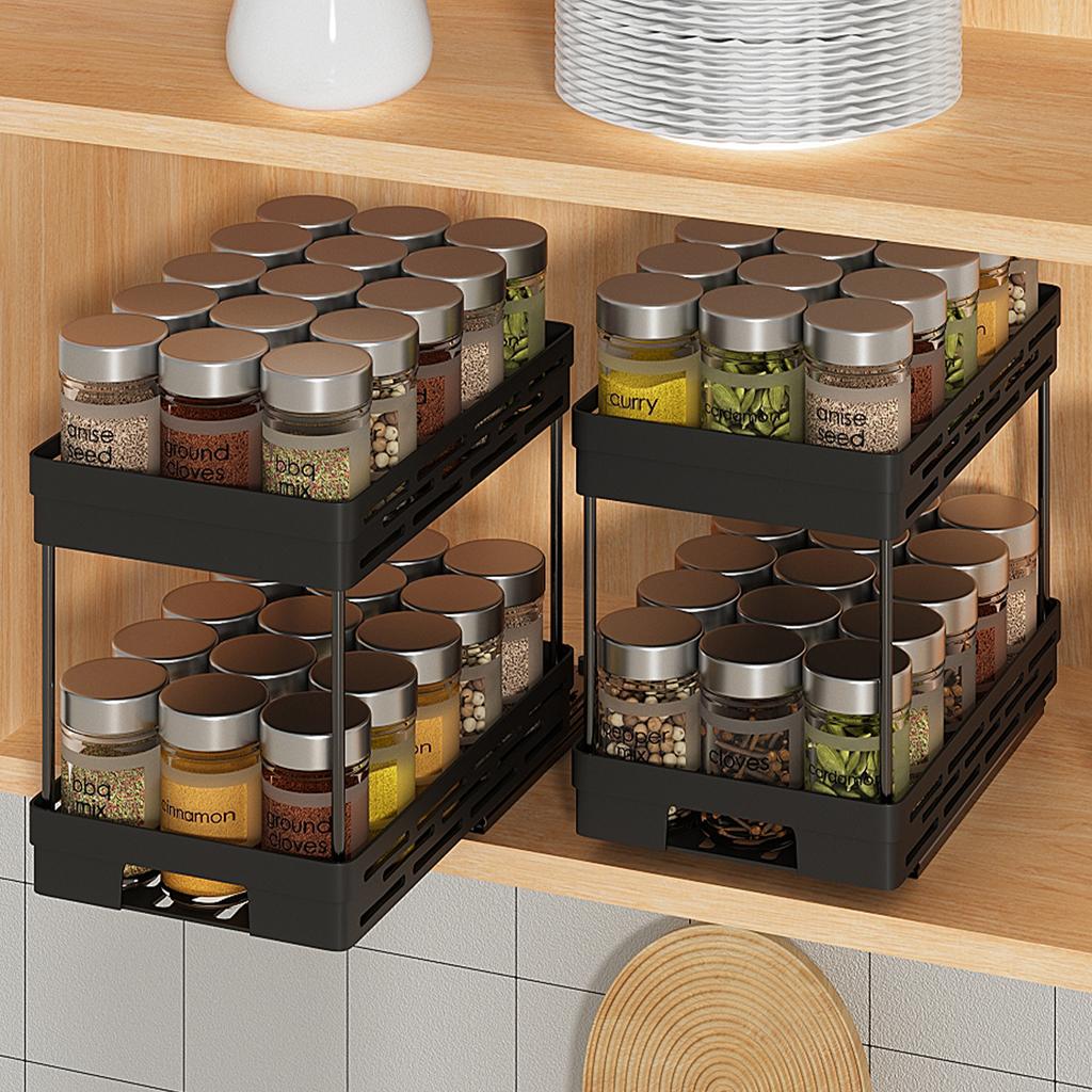 2 Tier Pull Out Plastic Storage Rack Large Capacity Kitchen Cabinet Storage Organizer Drawer Spice Jar Storage Shelves