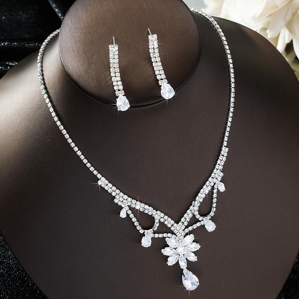 3PC Women's Fashion Water Diamond Flower Drop Necklace Earring Set, Suitable for Wedding and Festival Gifts -8458