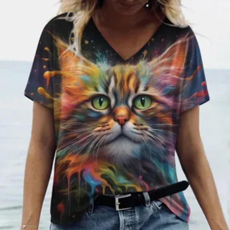 Cat Pattern Summer Loose Women's T-Shirts Casual Comfortable Loose V-Neck Short-Sleeve T-Shirt