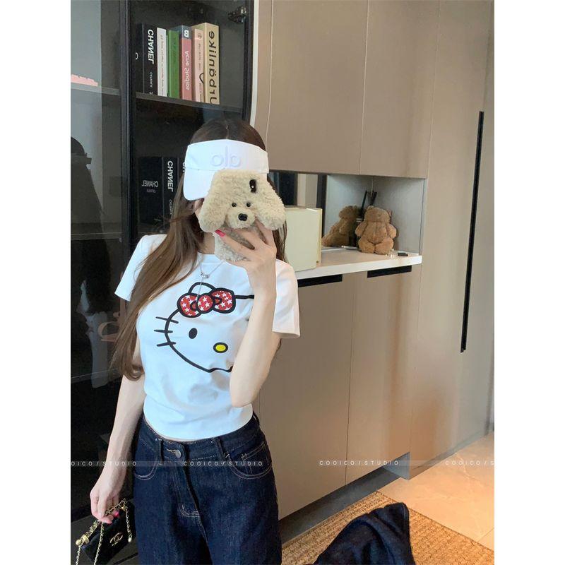Kumikumi Stylish White round Neck Kitty Cat Print Short Sleeve T-shirt Women's Clothing Summer Slimming Easiest for Match Tops