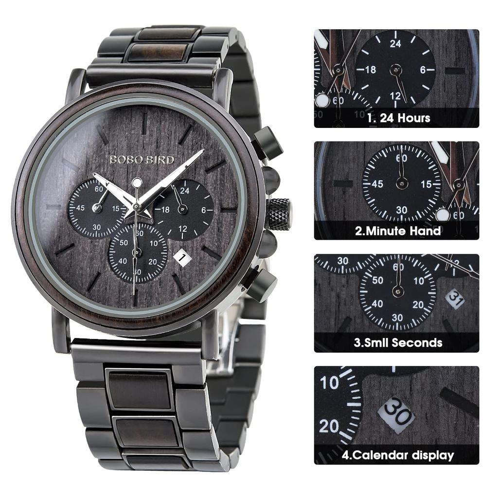 Men's Wooden Watch, Business/Casual Watch, Ebony & Stainless Steel Chronograph