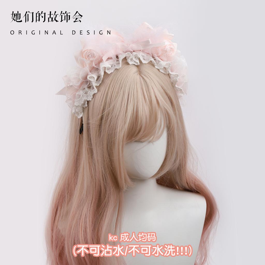 Handmade Small Sweet Lolita Accessories Milk Color Rose Heart Bow Flat Hat KC Lace Headband Top Hats