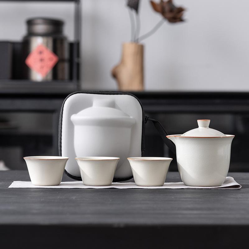 Light luxury Ru kiln open travel tea set outdoor portable one pot three cups high-end business practical