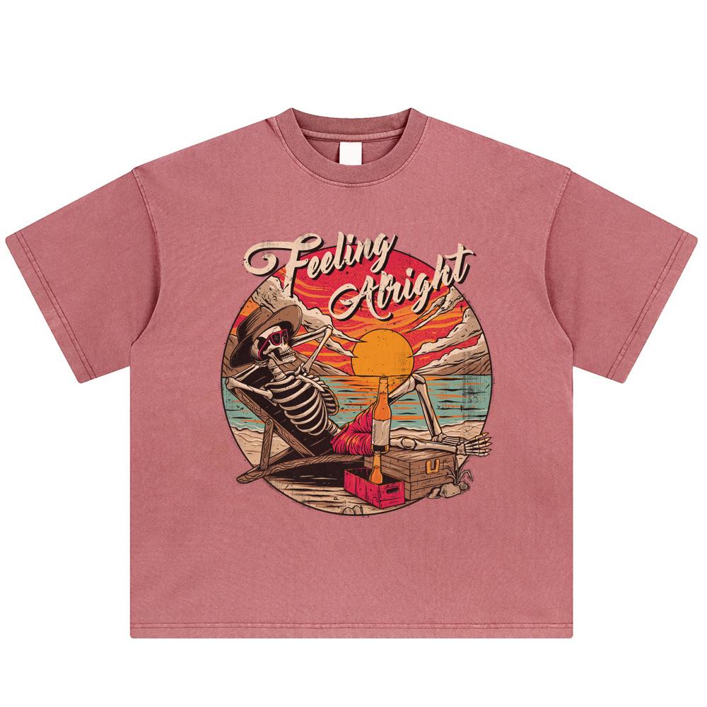 Halloween Skeleton Graphic T-Shirt Cotton Washed Tshirt Unisex Tops Tees Summer Short Sleeves T Shirt