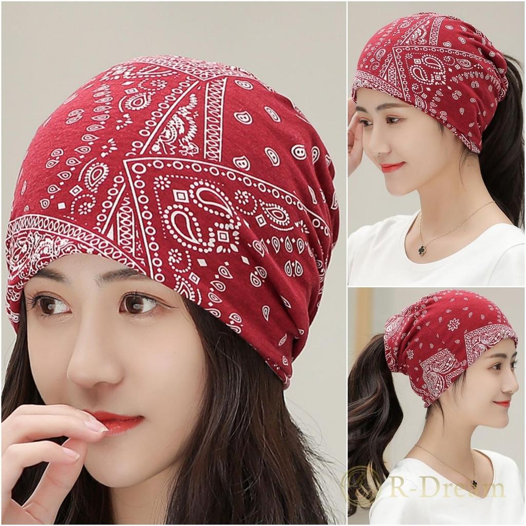 Paisley Print Hair Sun Cancer Openwork for Women Black 1 R-Dream Cap, Turban, Protection, Care, Chemotherapy, Thin, Breathable, Knit, (1 + Navy)