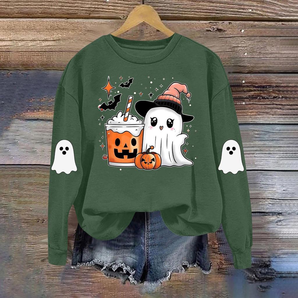 Dame Moteable Casual Langermet Halloween Trykket Rundhals Topp