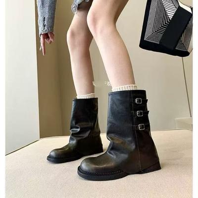 Rindsleder Martin Stiefel mit dicker Sohle Retro Western Cowboy Stiefel Metallschnalle dicker Absatz Hosenstiefel eckige Spitze kurze Stiefel Kinder
