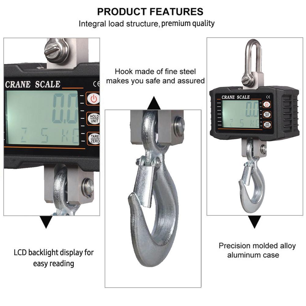 1000kg/ 2204lbs Digital Hanging Scale Portable Heavy Duty Crane Scale LCD Backlight Industrial Hook Scales