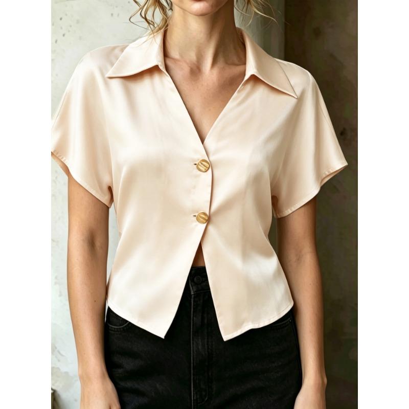 

Womens Satin V Neck Short Sleeve Blouse With Decorative Buttons Casual Cropped Office Top S абрикосовий