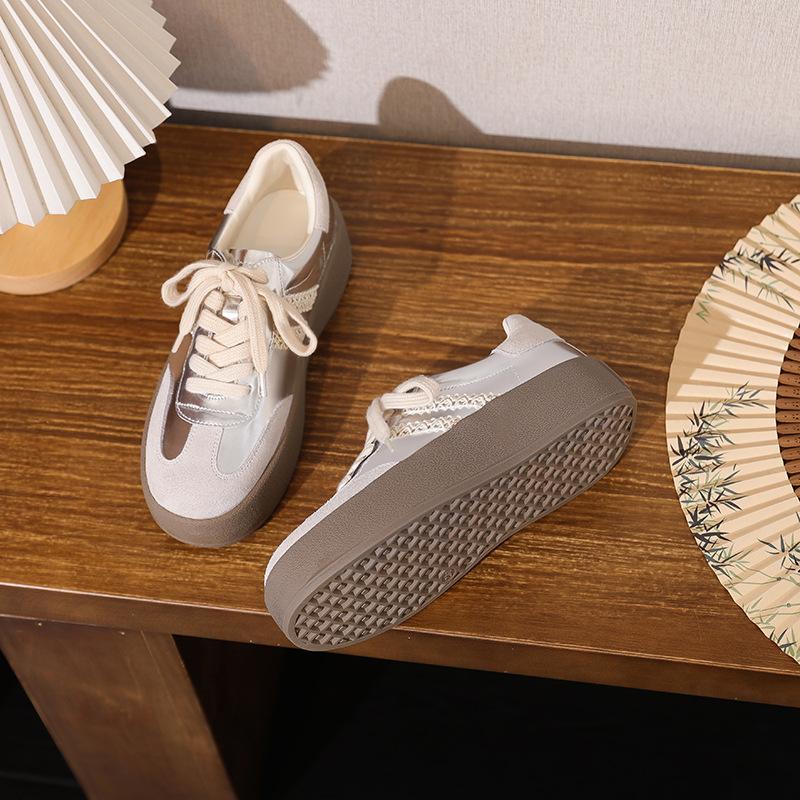 Silver German Training Shoes Su Yinyin Three Bars Cowhide Lace Edge Little White Shoes Thick Sole Inner Height Increase Sports and Leisure Shoes Wom