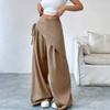 Yousheng Women Long Pants, Oversized Wide Leg Trousers with Apron Decor, Pure Color Elastic Waist Casual Pants for Daily Commuting