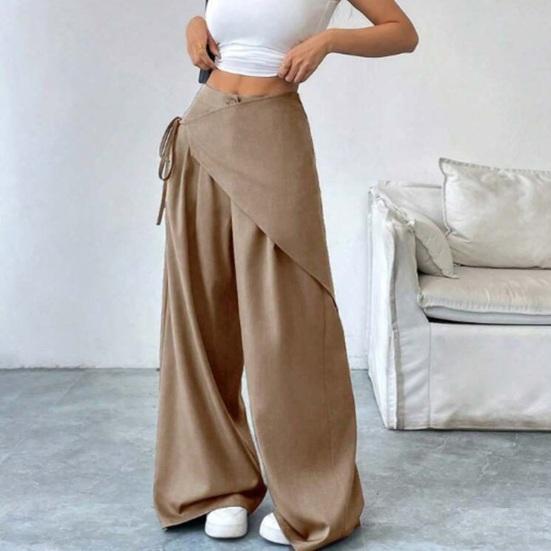 Yousheng Women Long Pants, Oversized Wide Leg Trousers with Apron Decor, Pure Color Elastic Waist Casual Pants for Daily Commuting