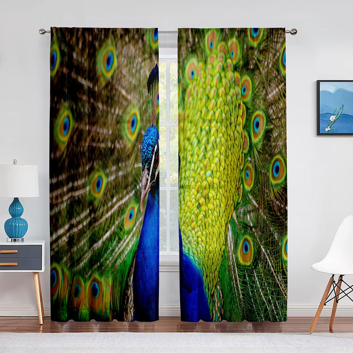 Голубые красивые прозрачные шторы с изображением павлина — фото 10