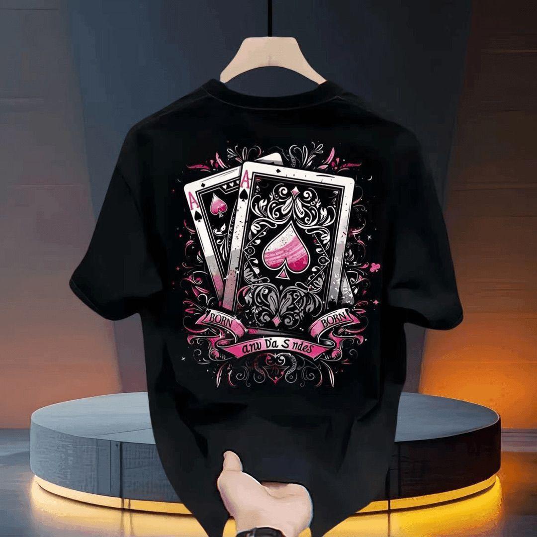 

2025 Men s New Summer Street Solid Color Playing Card Printing T-shirt Versatile Short-sleeved Crew Neck Pure Cotton Loose To... S разноцветный