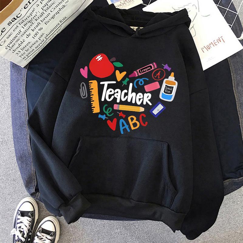 Teacher Print Long Sleeve Hoodies Woman Casual Autunm Winter Hooded Women's Y2k Sweatshirt Clothing for School 90s Female