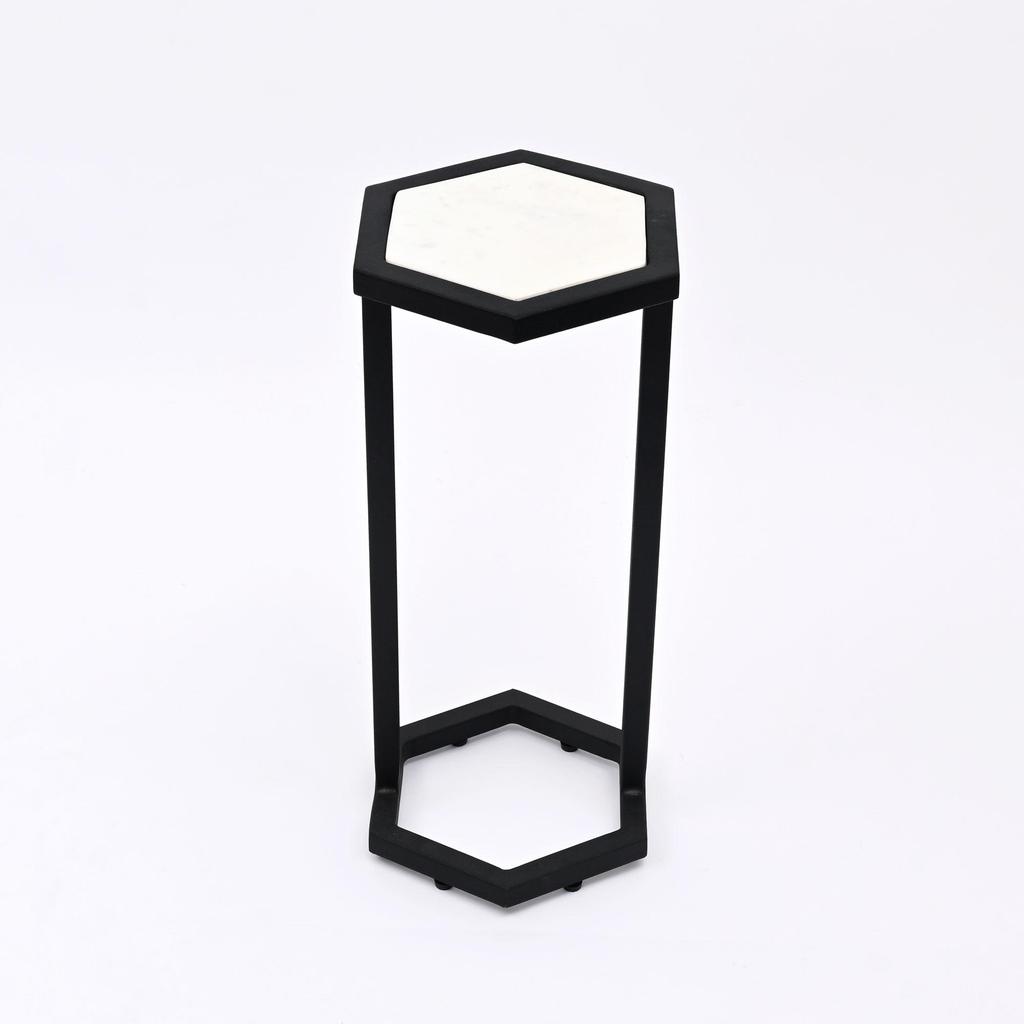 Hexagonal Marble Table Set of 2 – Modern Nesting Accent Tables with Black Metal Base