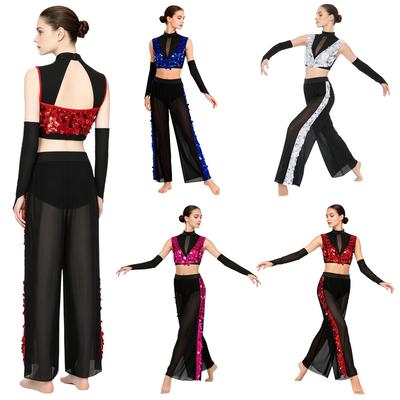 Womens Sequined Crop Top Glitter Sleeveless Backless Mesh Wide Leg Pants Built-in Briefs Lyrical Dance Outfit