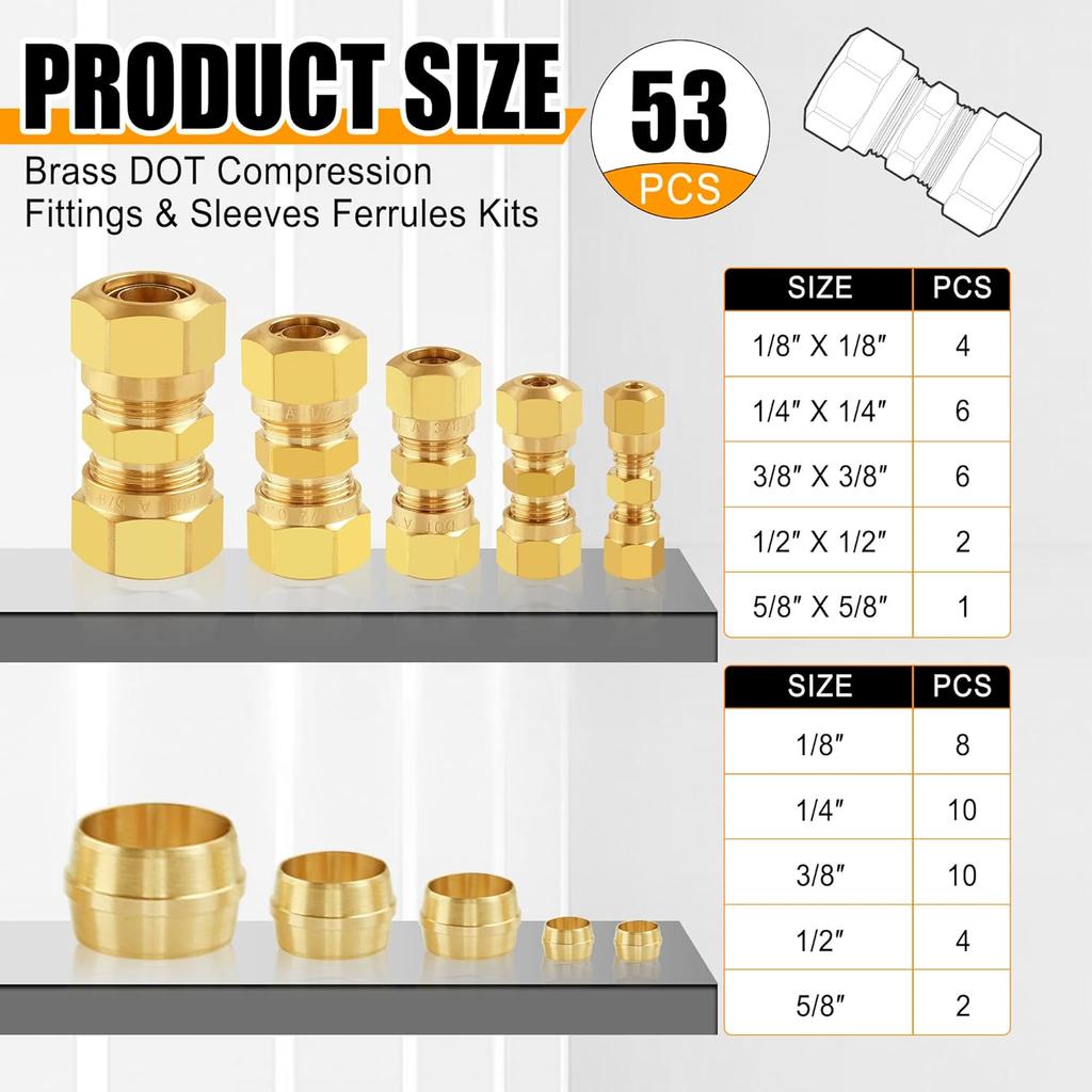 53 PCS DOT Brass Compression Air Brake Nylon Tubing Fittings,Straight Union Fitting Assortment Kit 1/4" 1/8" 3/8" 1/2" 5/8" for Truck or Industrial