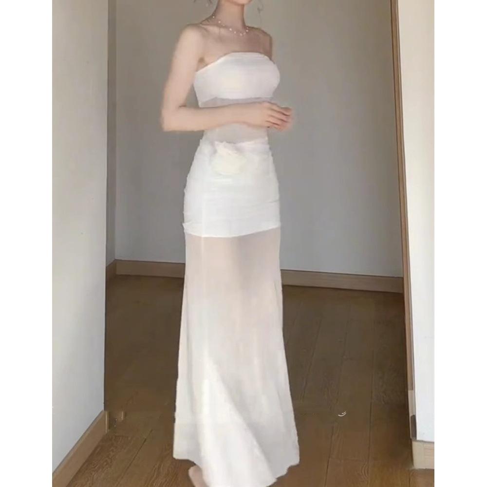 French Pure Desire Temperament Perspective White Mesh Flower Tube Top Dress Women's Seaside Vacation Temperament Hip-wrapped Dress