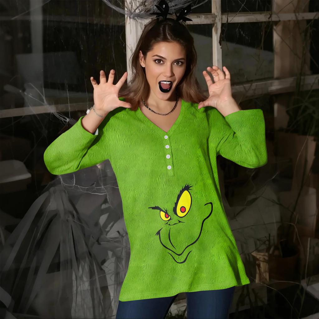 Women's Casual Fashion Sexy Comfortable Christmas Print V-Neck Button Three-quarter Sleeve Top