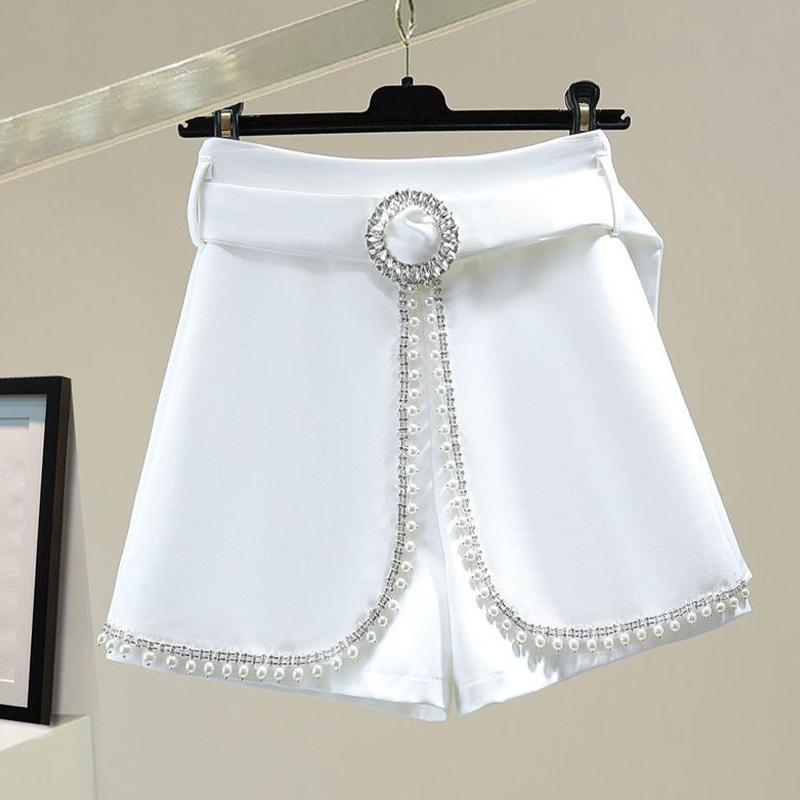 Pantalones cortos de traje con incrustaciones de diamantes con cuentas Pantalones anchos de cintura alta elegantes para mujer
