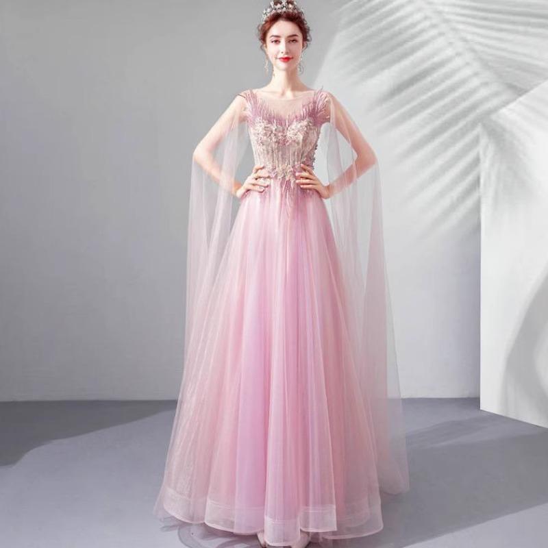 Pink evening dress banquet temperament elegant stage performance dress skirt long model catwalk fairy wedding dress