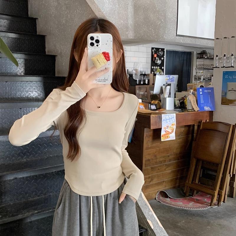 Square Neck Collarbone Exposed Hot Girl Long-sleeved T-shirt Women's Design Curved Hem Autumn and Winter French Tight Bottoming Shirt Top