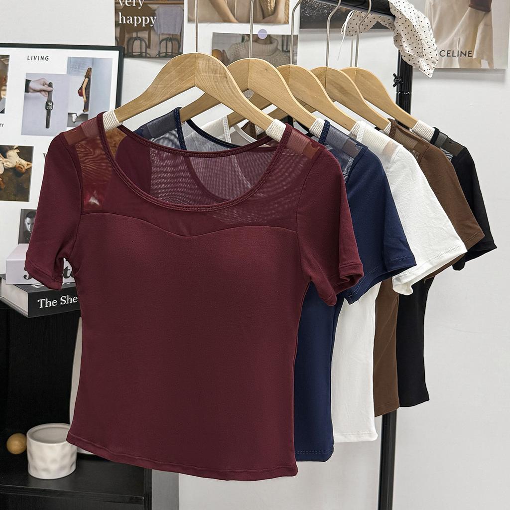 Mesh solid color V-neck T-shirt women's with chest pads, medium sleeves, summer new slim-fitting and thin inner bottoming shirt, foreign-style top